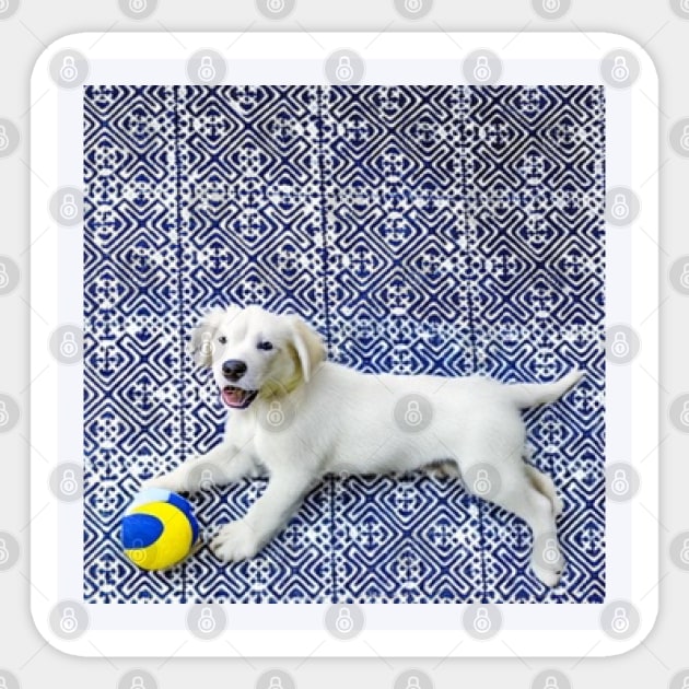 Joyful Pup – Playful Dog in Hmong Tribal Harmony Sticker by Pimcolle